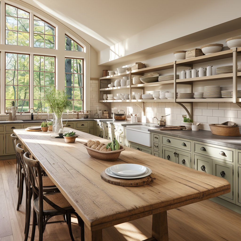 modern airy kitchen with wood elements and open shelving displaying dishes